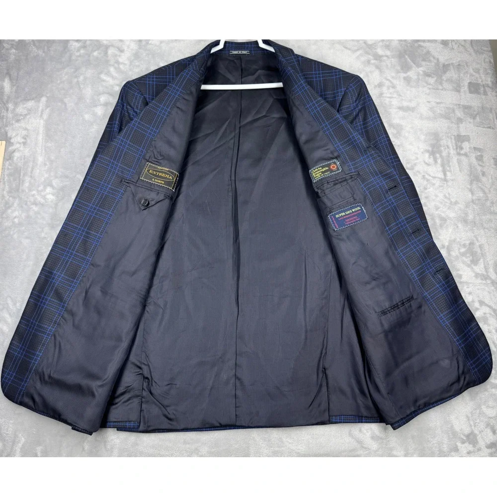 EXTREMA ZANETTI Zegna Blazer 44R US 54R IT Blue Windowpane Plaid Super 120s Wool